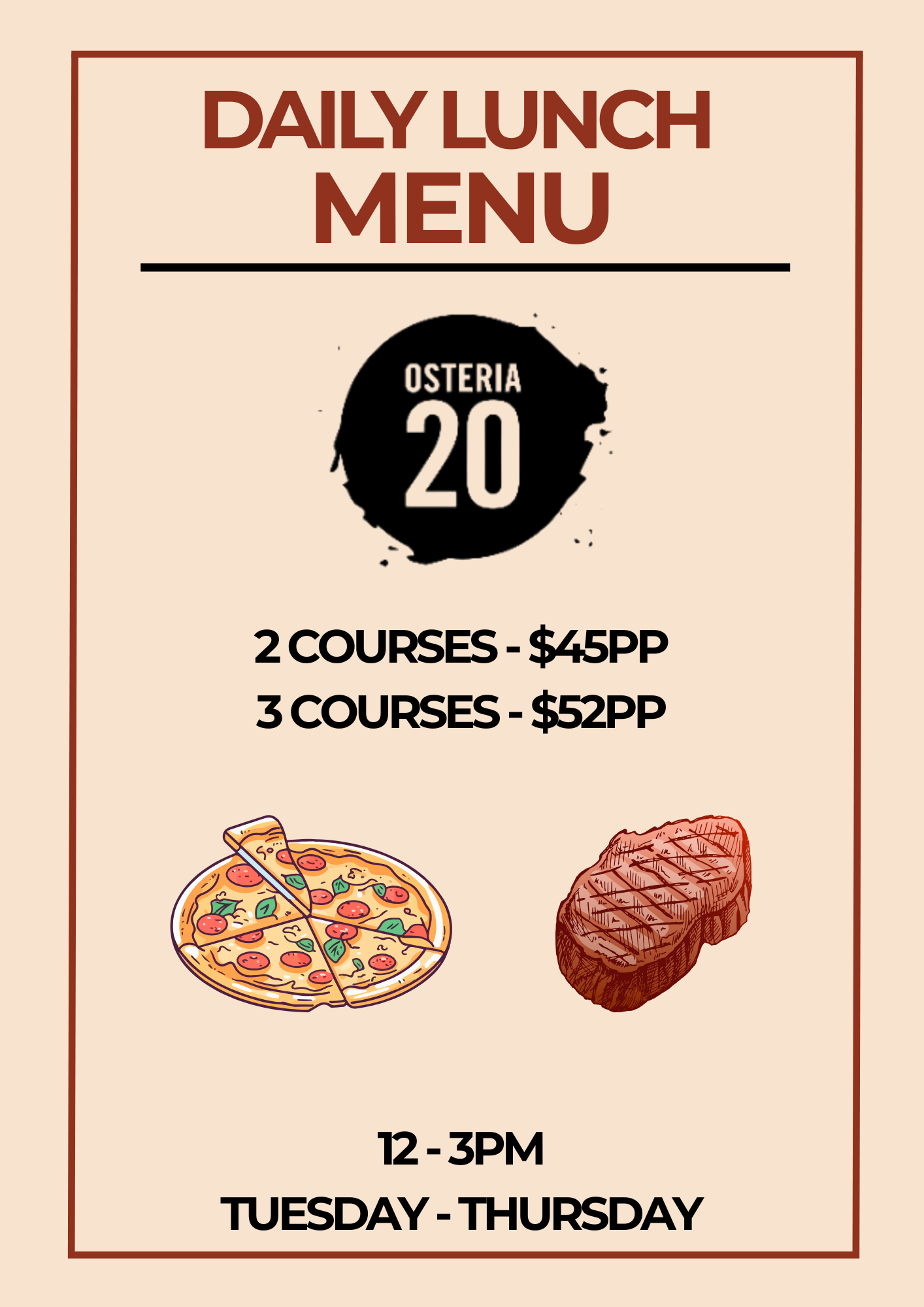Daily lunch menu from Osteria 20 featuring pizza and steak, available Tuesday through Thursday from 12 to 3 PM, with prices for two or three courses.