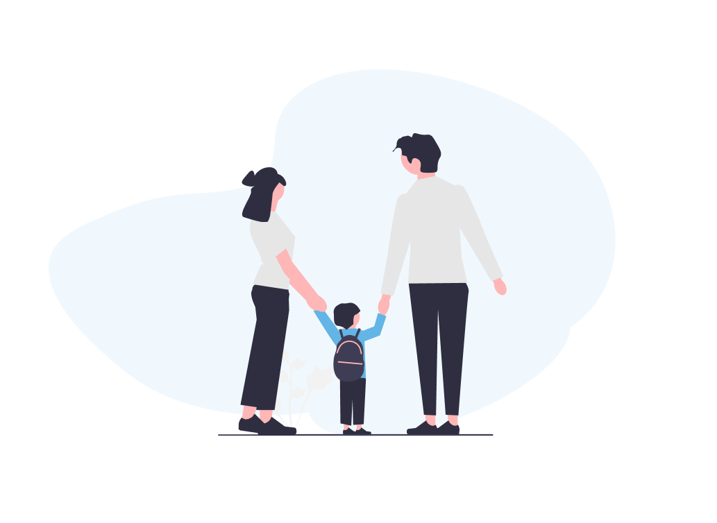 Illustration of two adults holding hands with a child wearing a backpack, symbolizing family support.