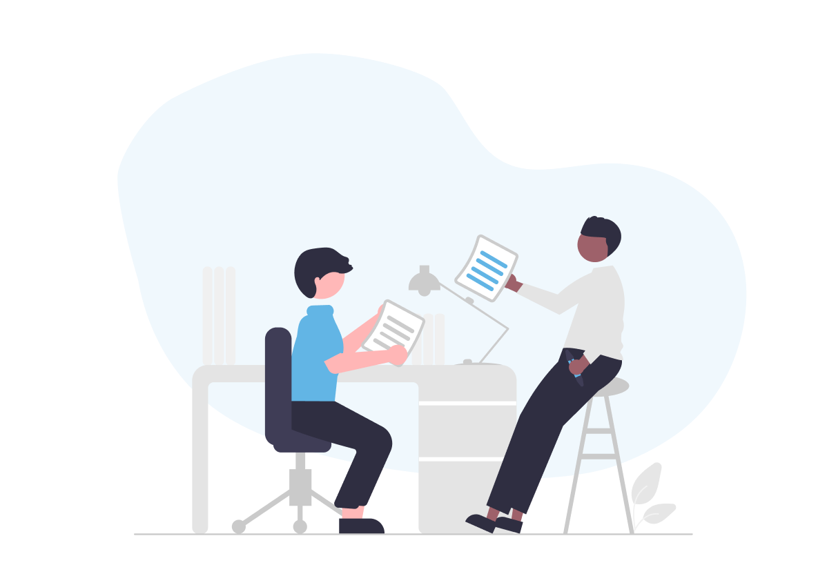 Illustration of two people collaborating at a desk, exchanging documents, symbolizing teamwork and workplace inclusion.