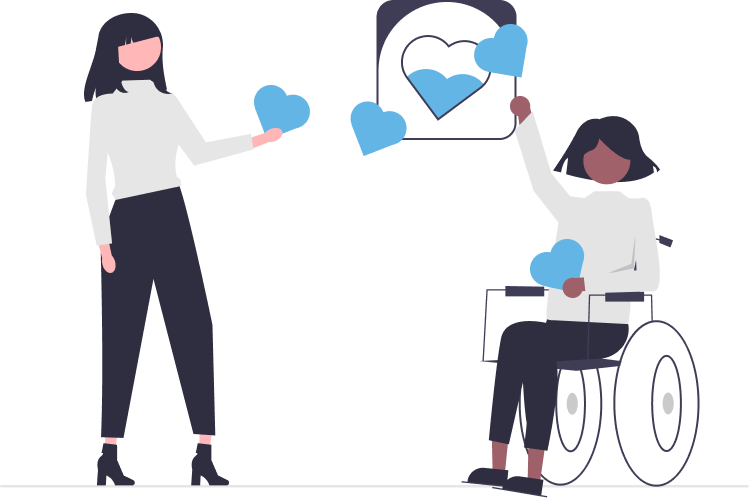 Illustration of two people exchanging blue hearts, one standing and the other in a wheelchair.