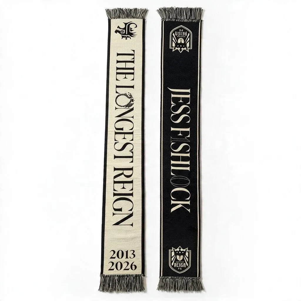 Seattle Reign FC Jess Fishlock scarf

Hold it high. The Longest Reign scarf is part of the commemorative collection marking Jess Fishlock’s retirement. She is one of the club’s originals and its captain, having given Reign FC fourteen seasons.

One side of the scarf is cream-colored, with “The Longest Reign” in bold serif lettering, a crowned dragon JF monogram, and the years 2013 and 2026. The other side is black, with “Jess Fishlock” running along it, framed by Reign FC crests at each end.
