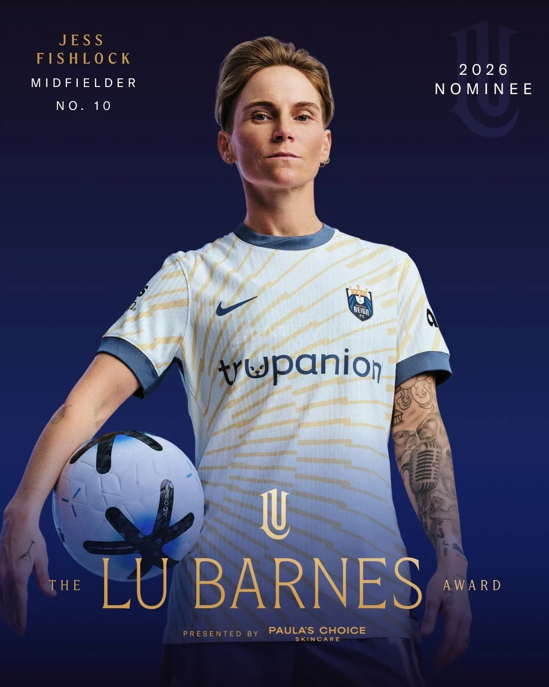 Our longest-reigning Queen 👑

Jess Fishlock has been nominated for this year&rsquo;s Lu Barnes Award, presented by @paulaschoice, for the leadership and heart she brings to the club and community. Loyal, caring, and fierce, Jess embodies what it mea