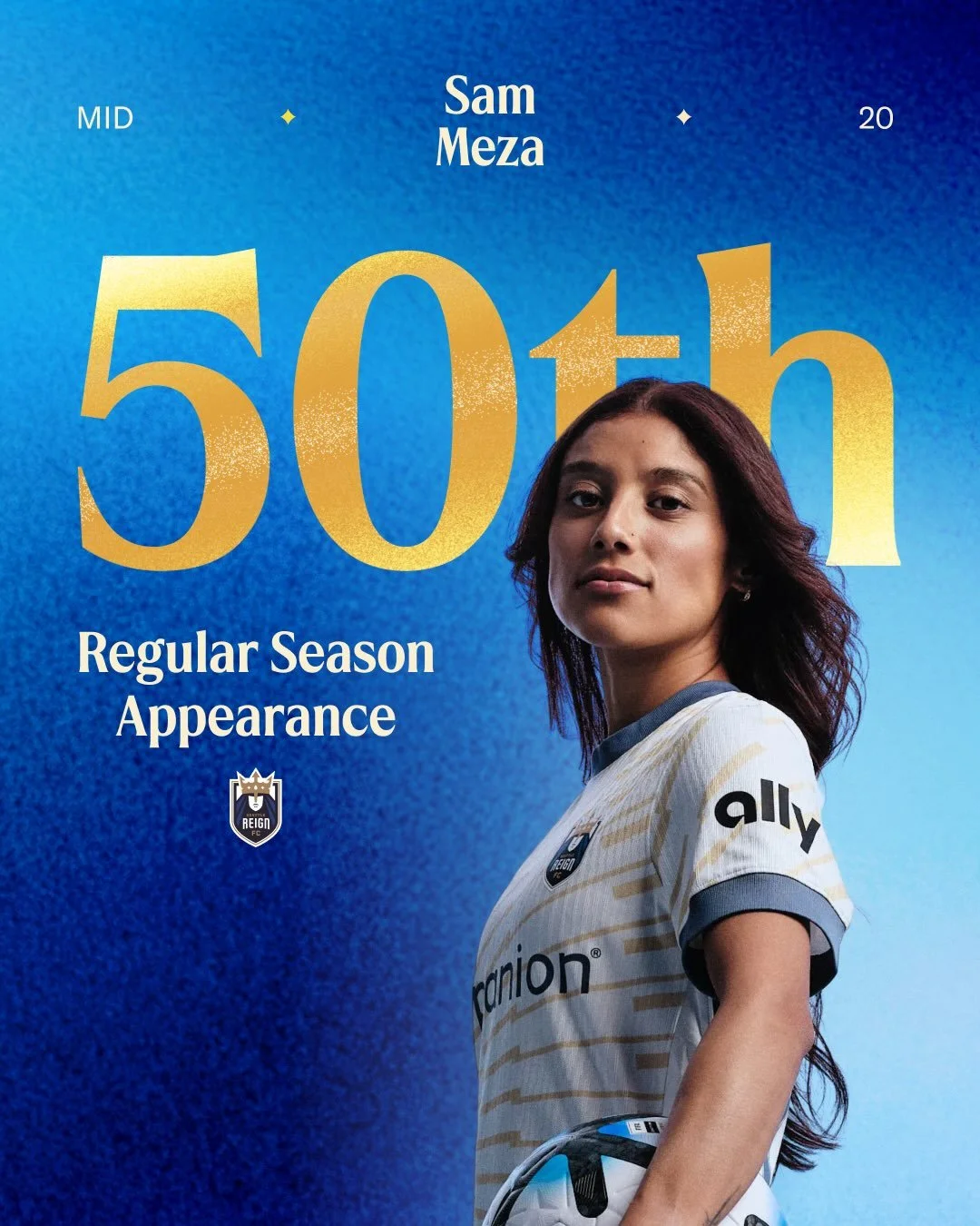 Welcome to the 5️⃣0️⃣ club, @samantha1meza! 

With tonight&rsquo;s start and 90 minutes played, Sam Meza has reached 50 NWSL regular season appearances &mdash; all with the Reign. 👑

Congrats, Sam!