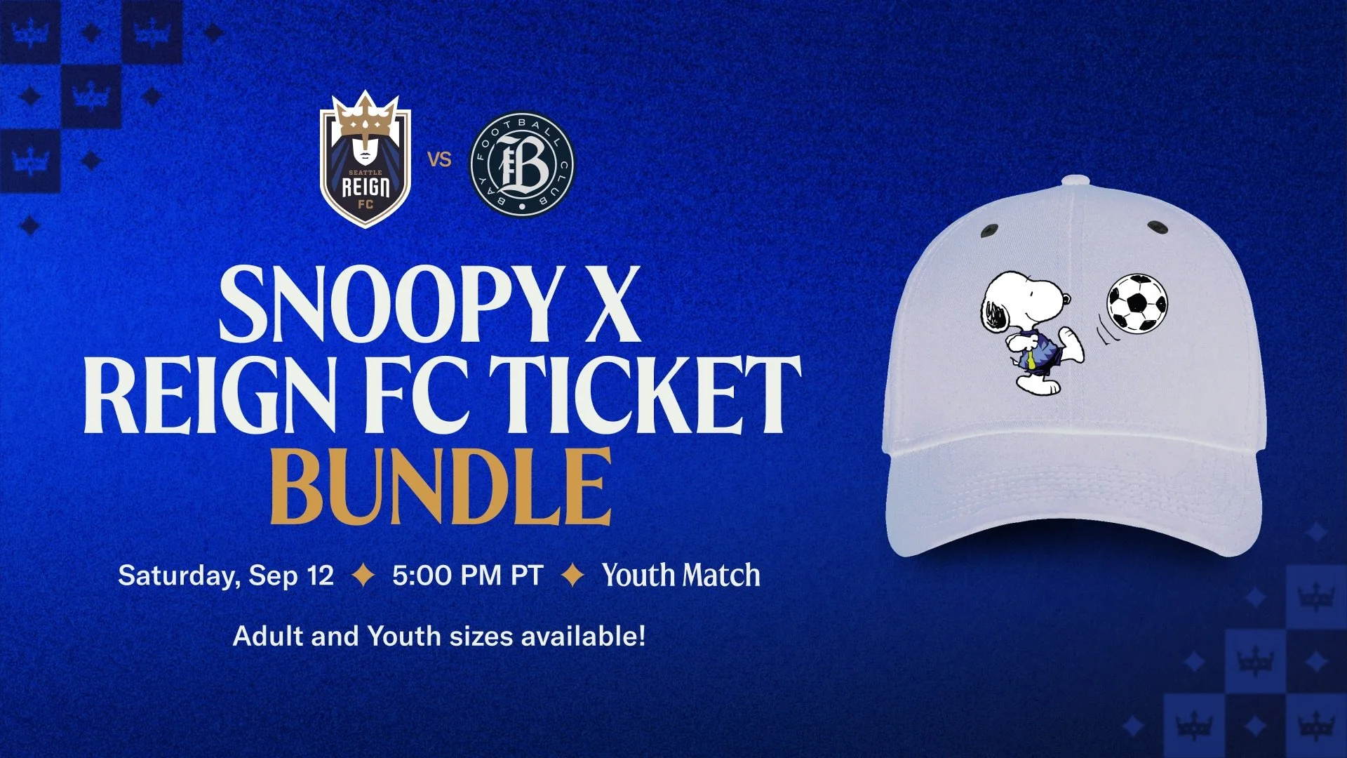 Image of Snoopy in a Reign FC  Surge Kit on a hat. Reign FC and Bay FC logo with text that reads " Snoopy x Reign FC Ticket Bundle"