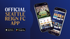 On a blue background, the image says "Official Seattle Reign FC app." On the right, two smart phones are displayed with the app open on the screens