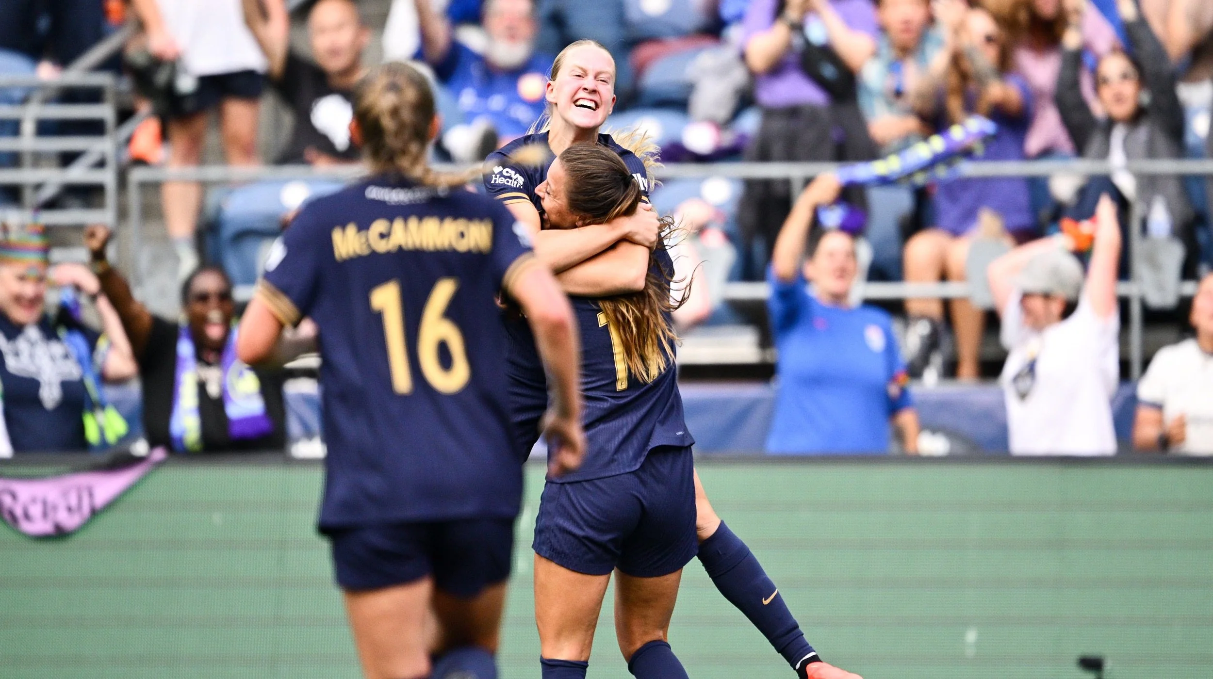 Maddie Dahlien and Sofia Huerta celebrate a goal