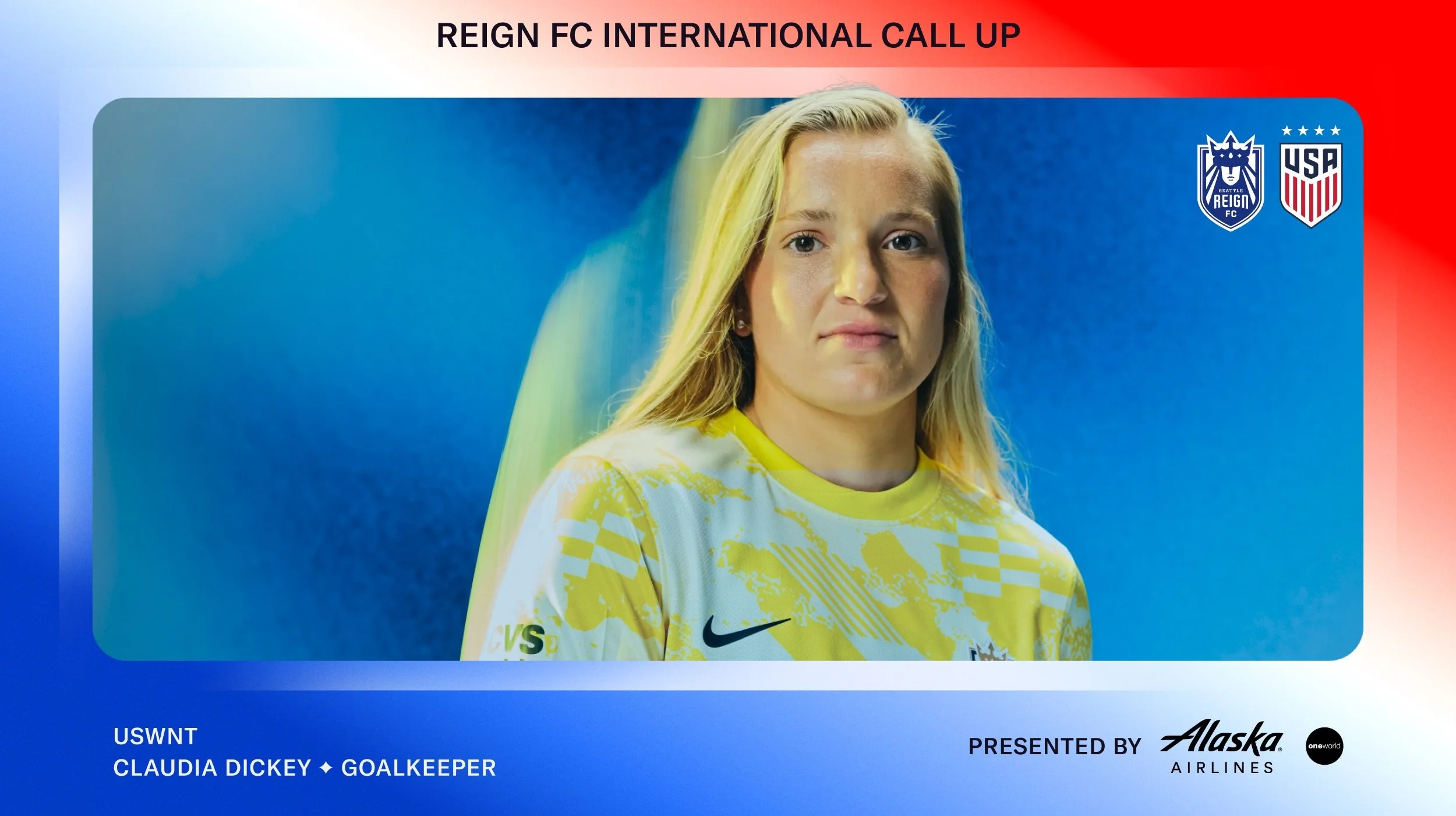 Claudia Dickey headshot with Reign FC and USWNT logos
