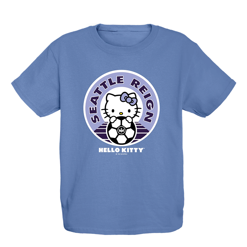 blue t shirt with hello kitty wearing a reign fc surge kit