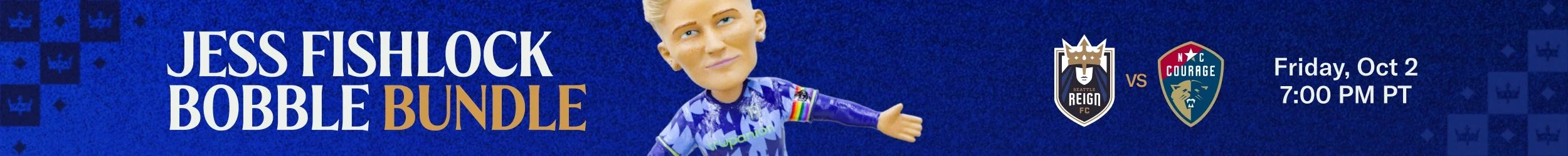 image of jess fishlock bobblehead with Reign FC logo and NC Courage logo