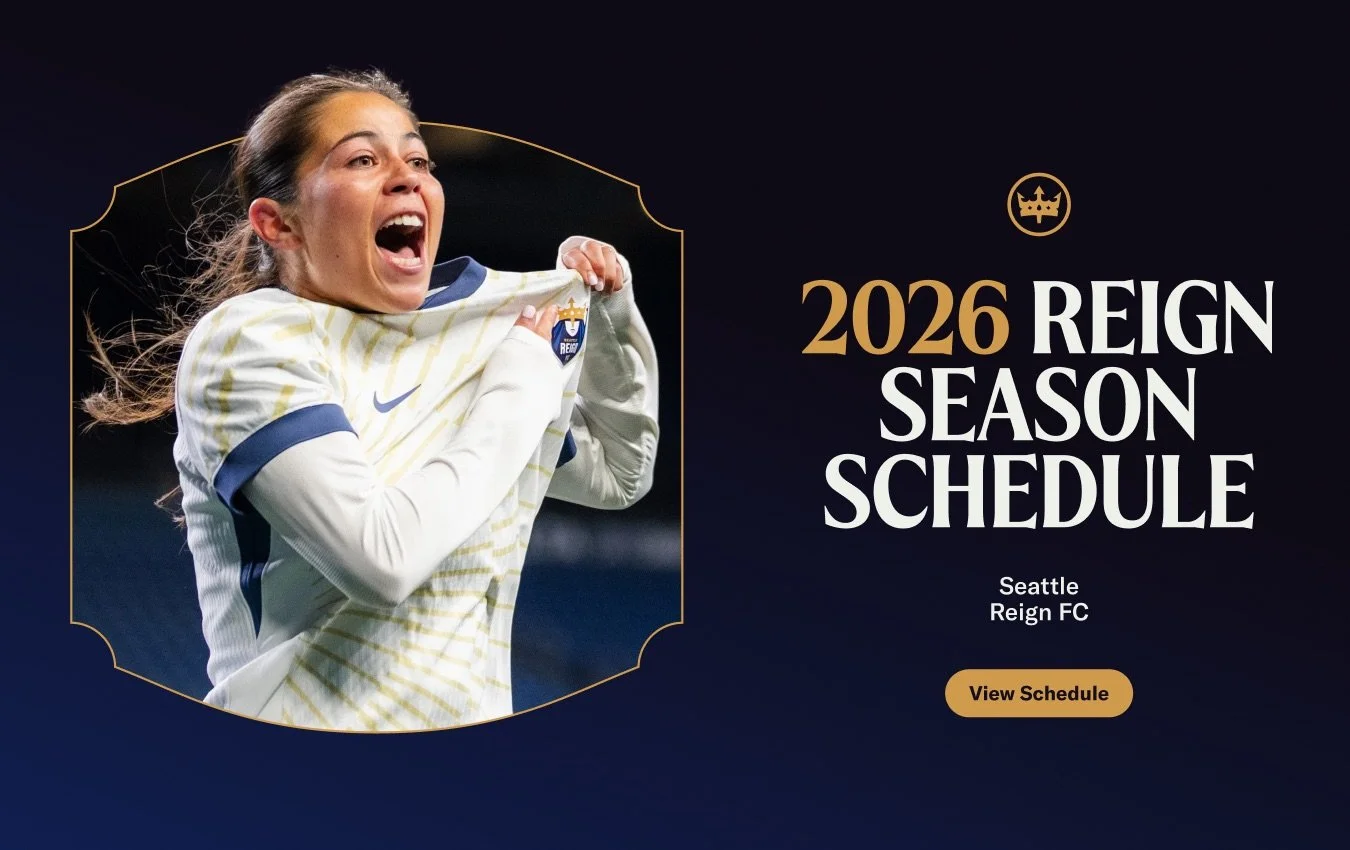 Emeri Adames celebrating a goal, pointing to the Reign FC crest on her jersey. To the right, the image reads "2026 Reign Season Schedule"