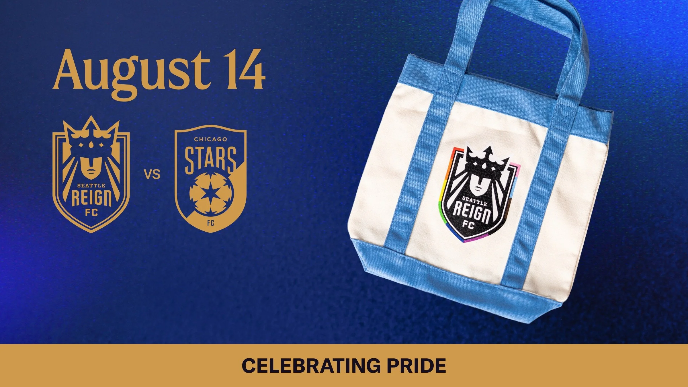 Reign FC and Chicago Stars logos with a white and light blue mini tote featuring the Reign logo in pride colors