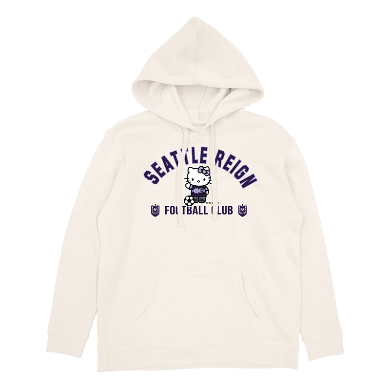 White colored hoodie with hello kitty wearing a reign fc surge kit