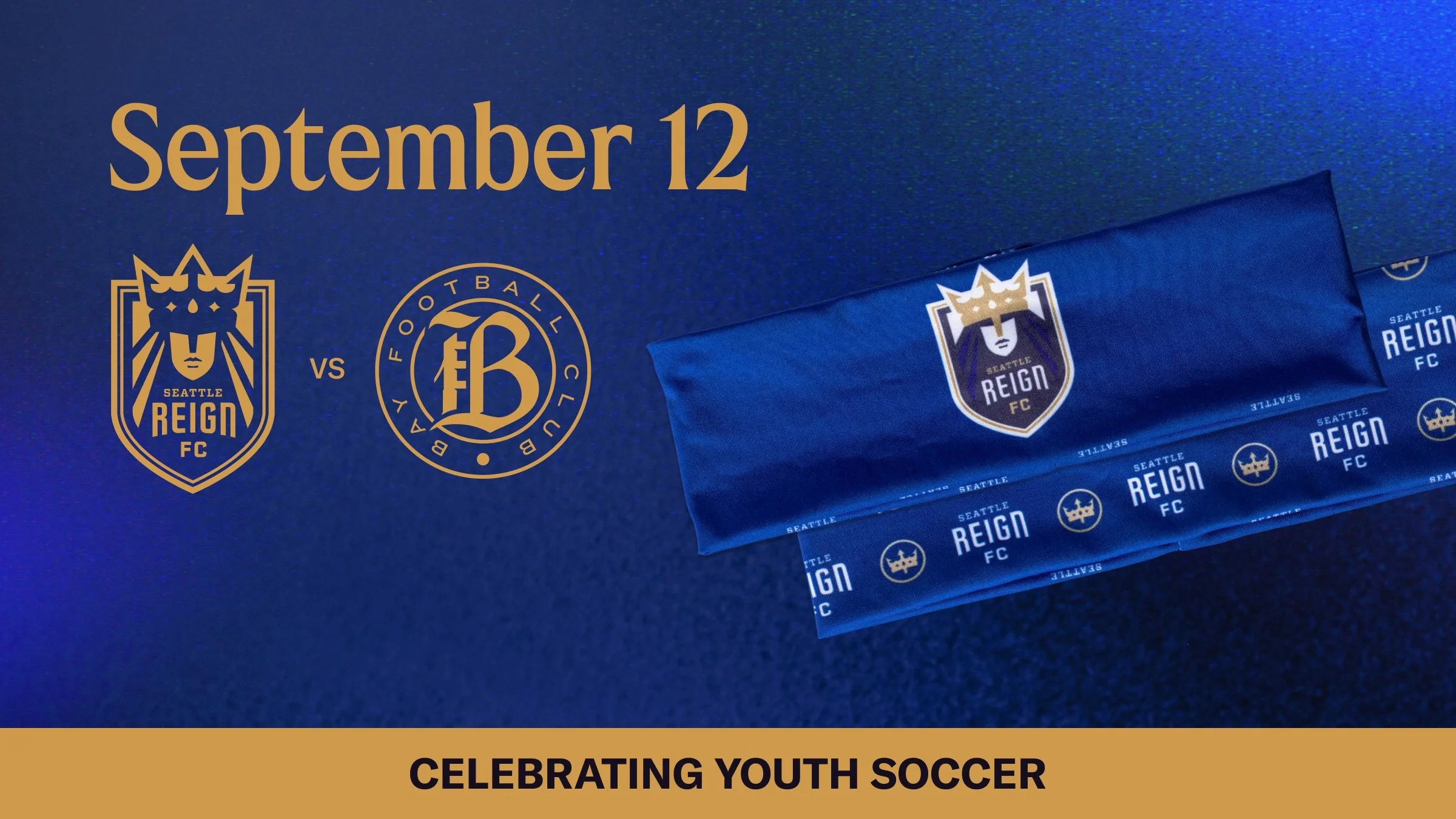 Reign FC and Bay FC logos with blue headband featuring Reign FC logos