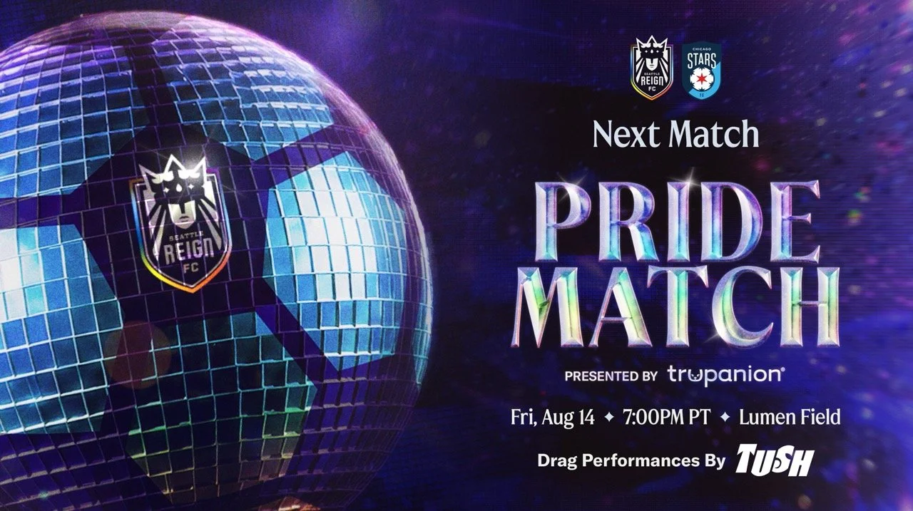 Purple graphics featuring a Reign FC soccer disco ball