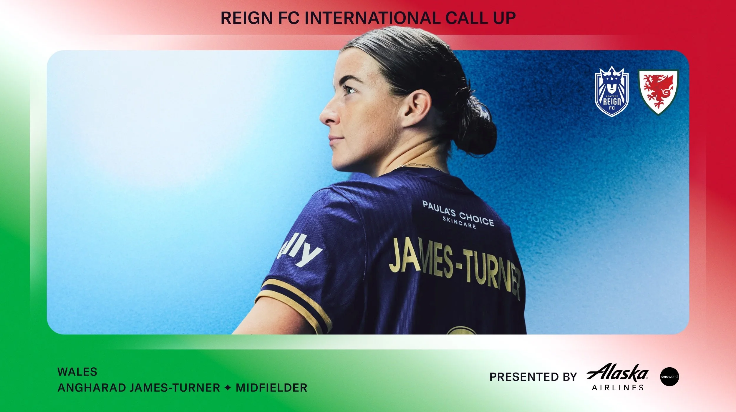 Angharad JAmes-Turner with Reign FC and Wales logo