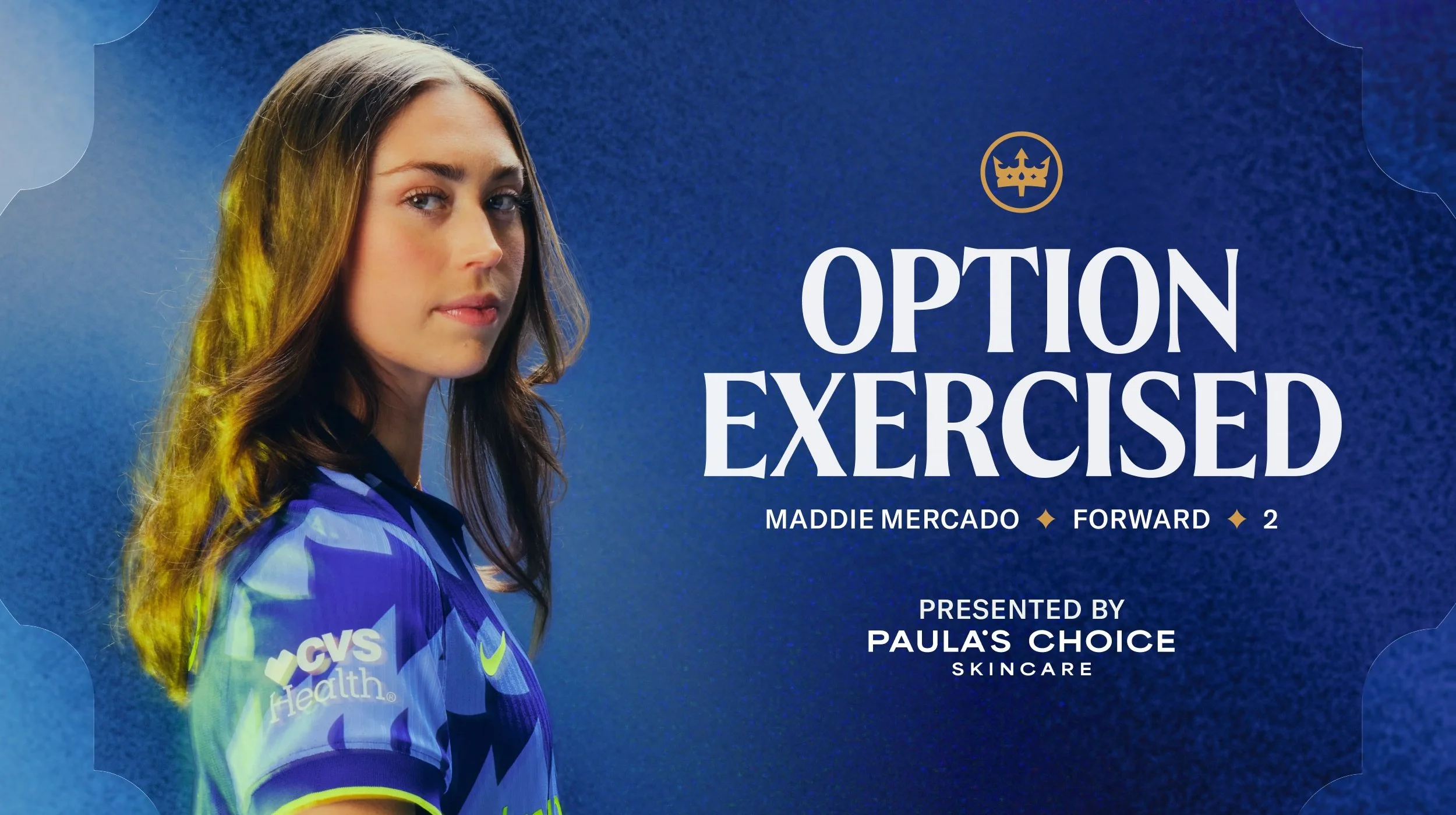 Image of Maddie Mercado in Reign FC Surge kit next to text that reads "OPTION EXERCISED"