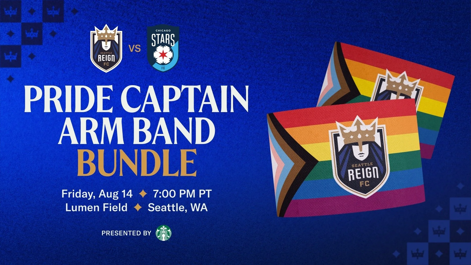 Progressive Pride flag captain's armband with Reign FC logo