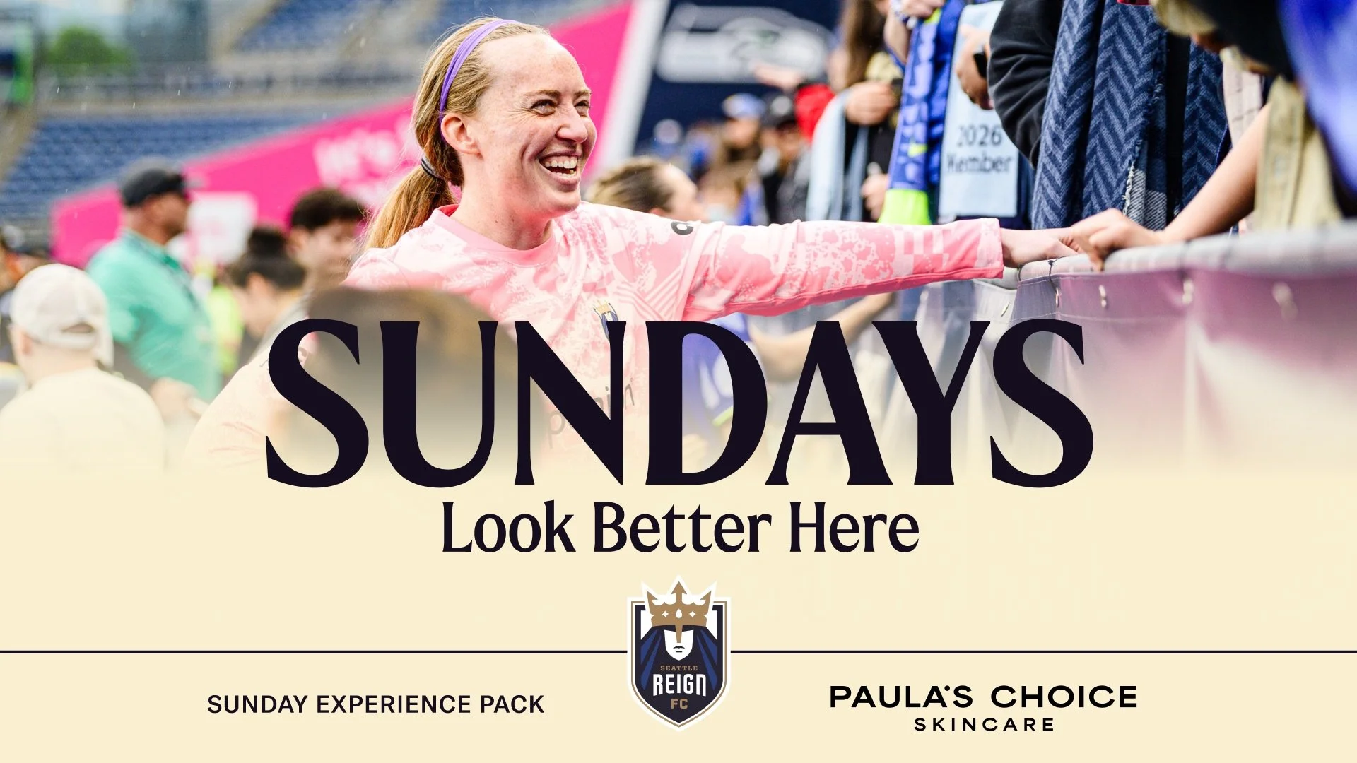 Graphic with Cassie Miller that reads "Sundays look better here. Sunday experience pack" and has a Paula's Choice logo