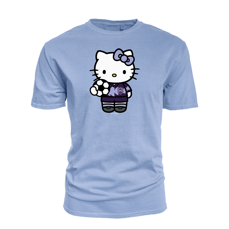 light blue t shirt with hello kitty wearing a reign fc surge kit