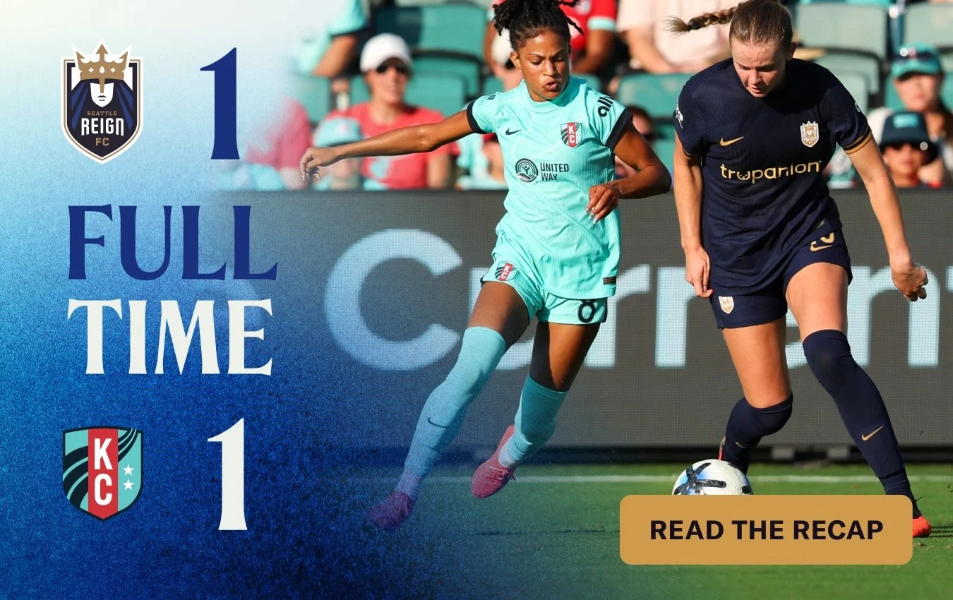 graphic that reads "FULL TIME 1-1" with a Reign FC logo, KC Current logo and a photo of Ainsley McCammon battling for the ball