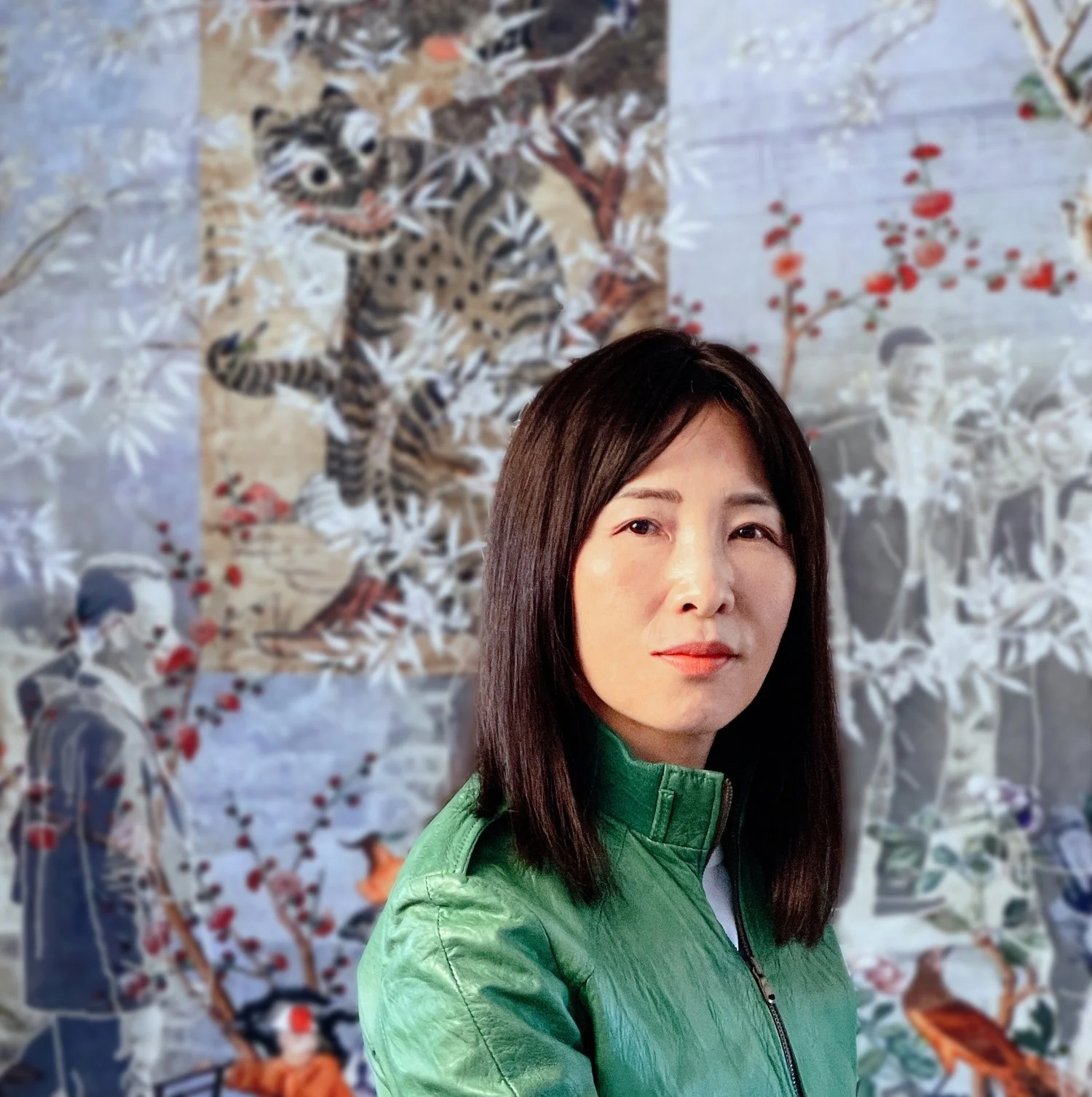 Artist Kyungmi Shin wearing a green leather jacket
