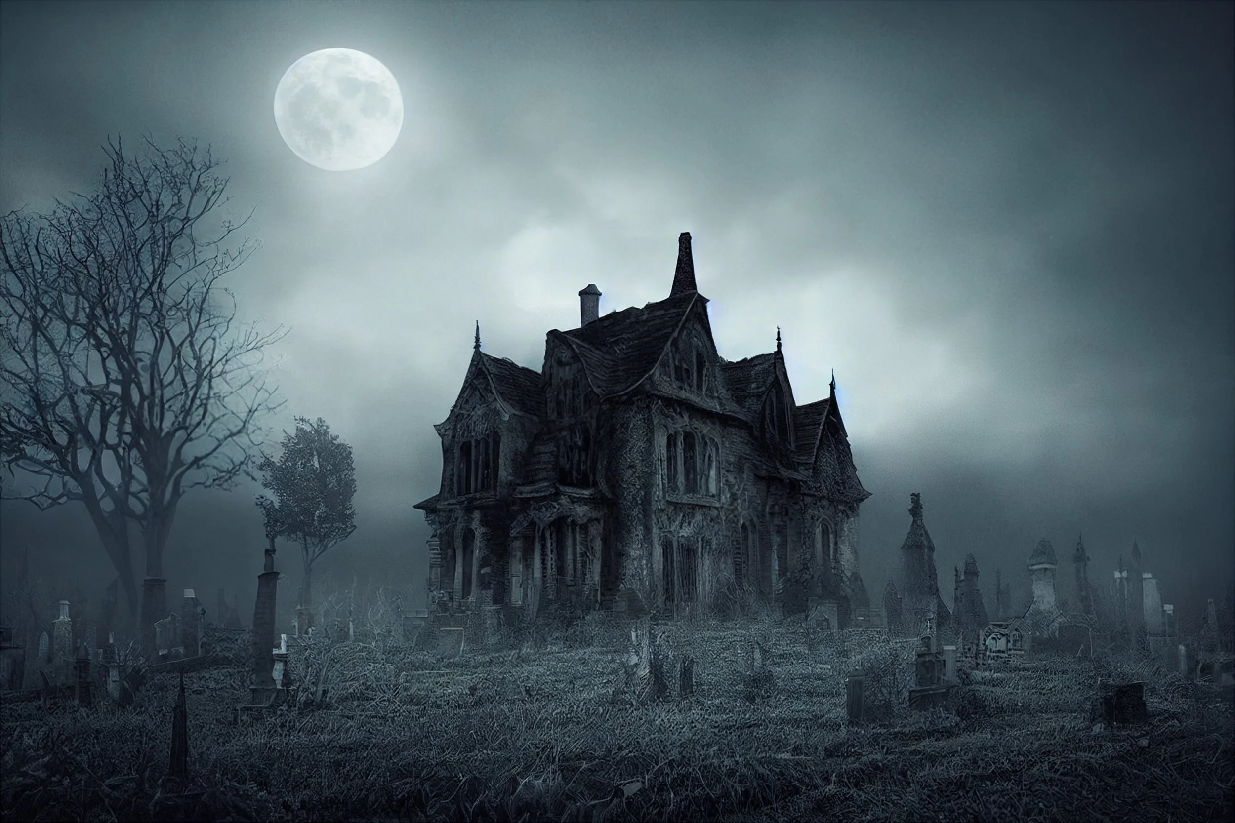 A haunted house towering in the distance with a graveyard in the front yard and the full moon in the sky