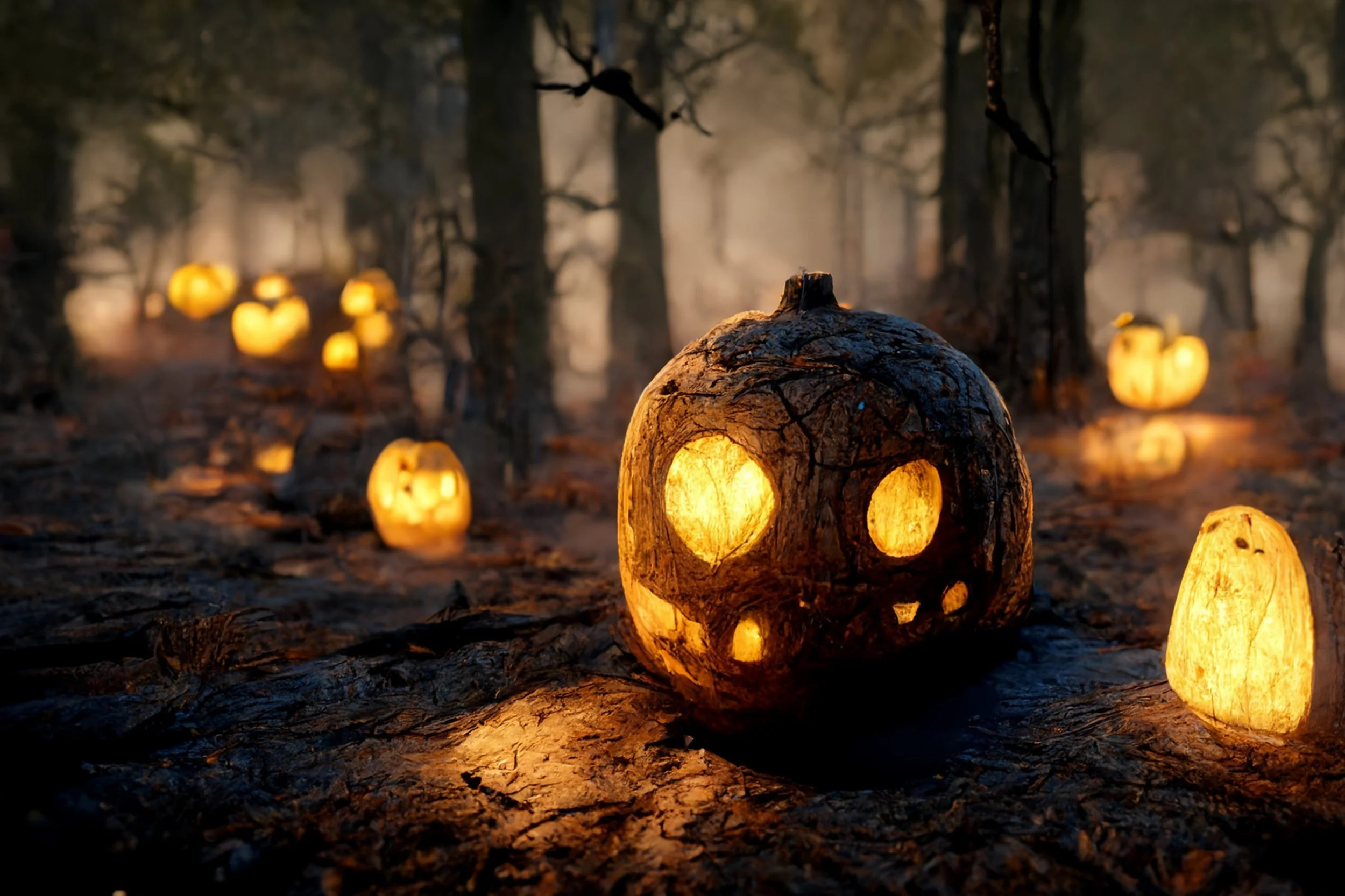 A jack-o-lantern sits on the ground in a spooky forest