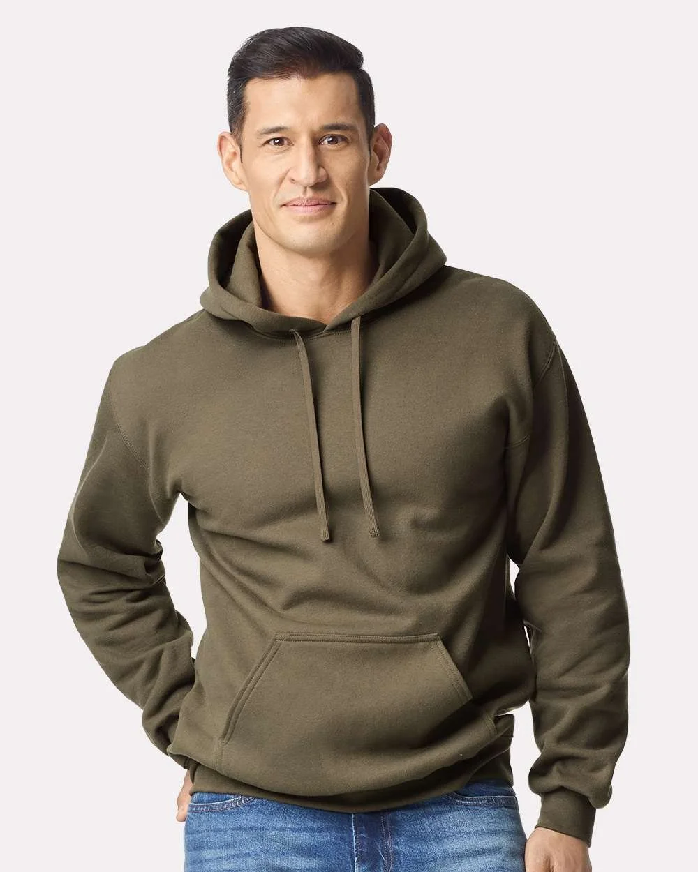 Gildan_19500_Olive_Front_High_Model.jpg