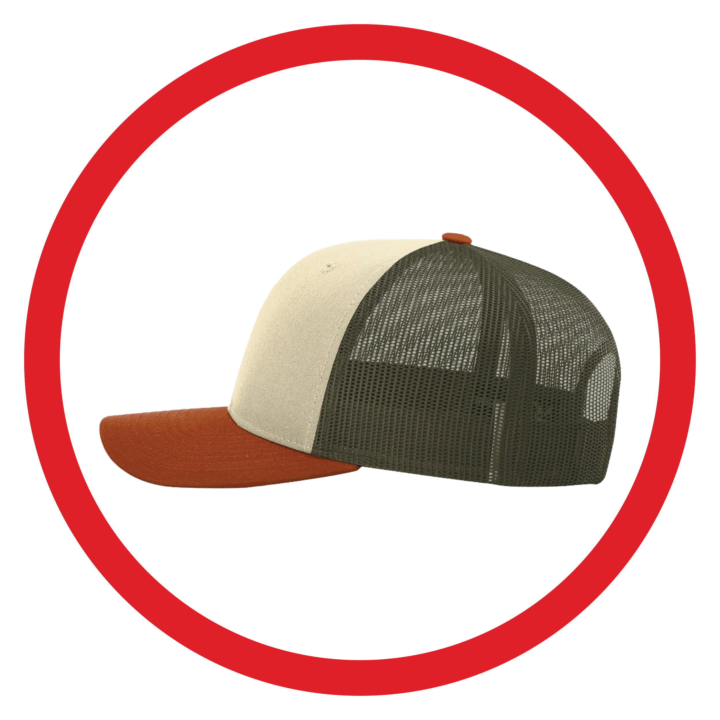 A trucker trucker hat with a beige front, brown bill, and black mesh back.