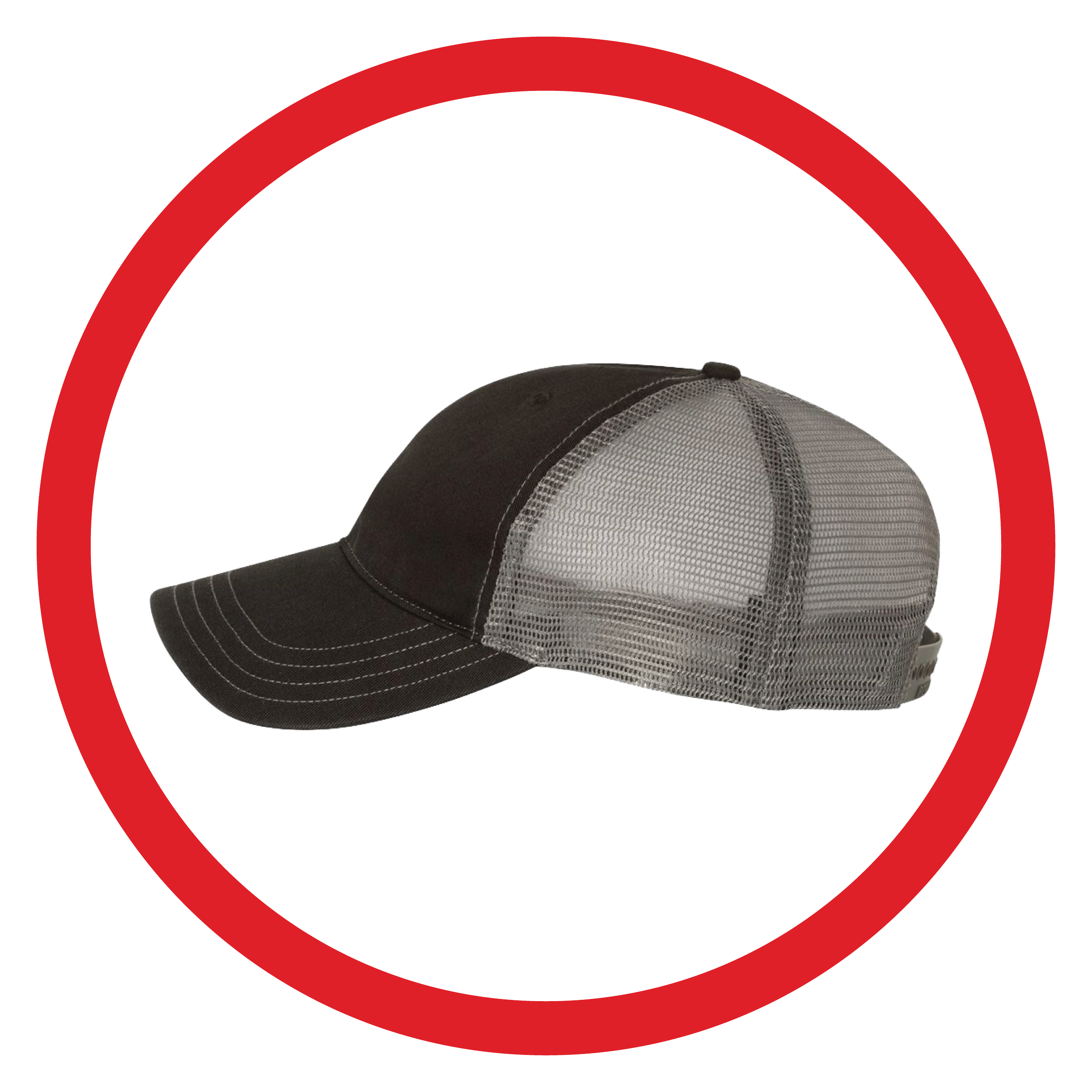 Black and gray baseball cap with mesh back, inside a red circle with shadow on a white background.