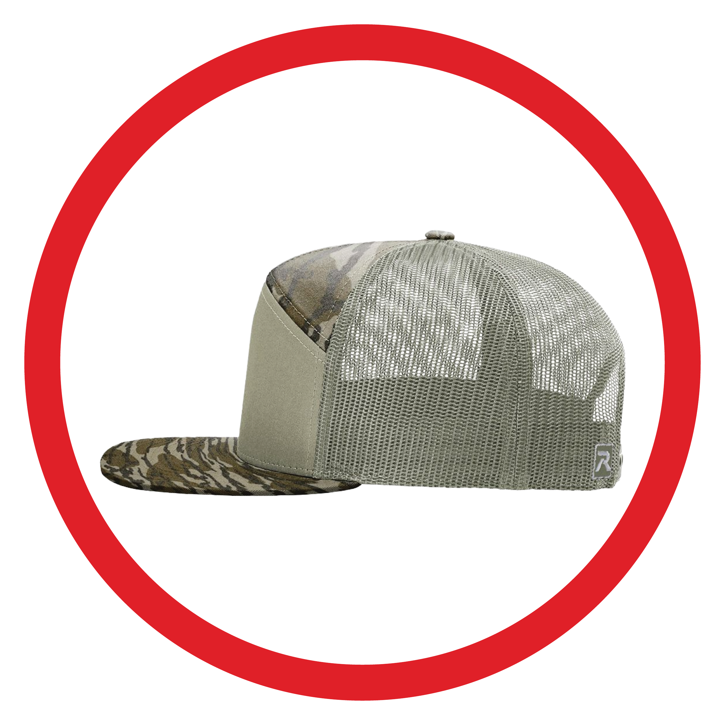 A trucker trucker hat with a camouflage and mesh design