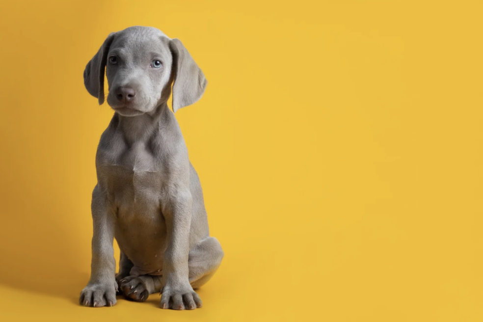 A cute puppy with grey fur and blue eyes sitting against a yellow background.