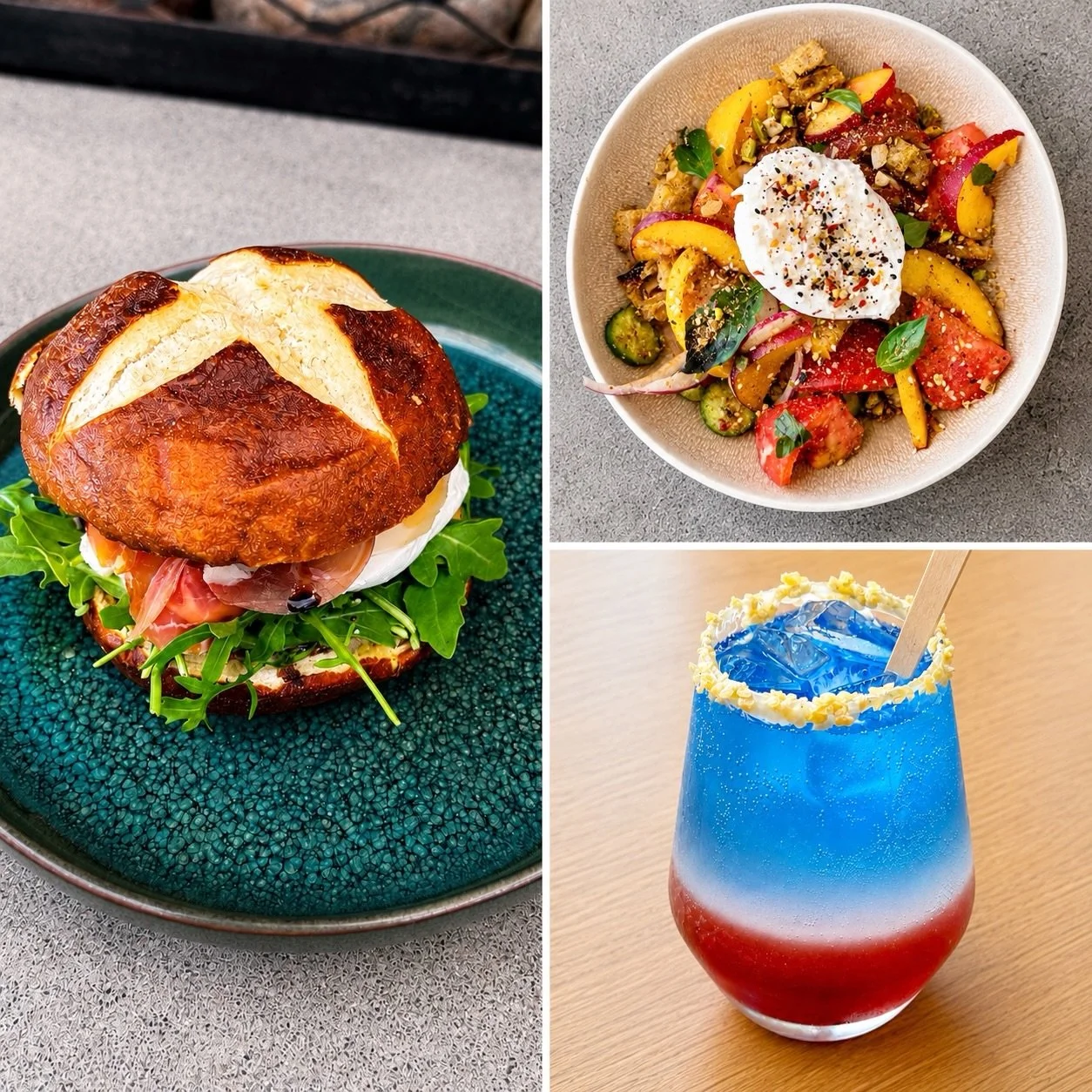 New July Specials are literally popping with flavor💥

Featuring a festive Rocket Pop Soda, a Peachy Salad and a Burrata Pretzel Bun that will make your mouth happy. 

🎆 We&rsquo;ll be open on 4th of July, usual hours 8am - 3pm. Walk-in only 😉

#br
