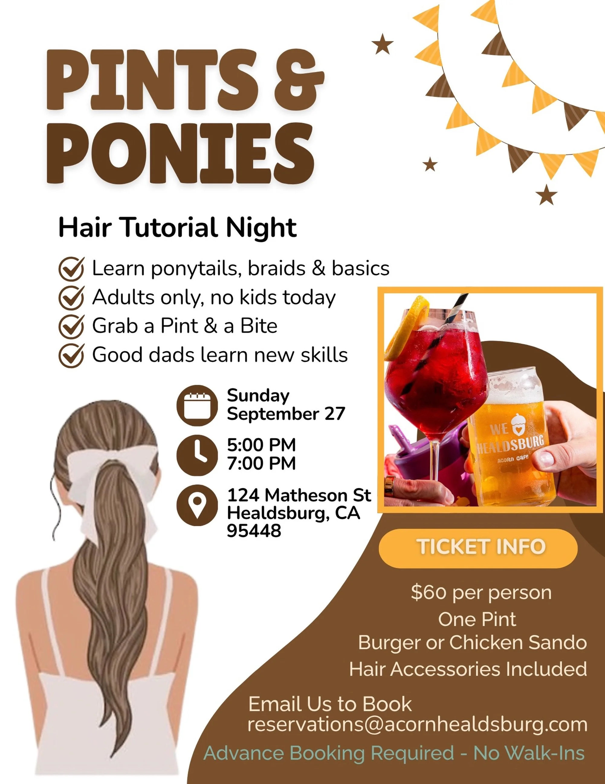 Pints and Ponies, round 2! 🎀🍻

Dads, join us for another hair styling class while you enjoy a pint &amp; a bite 🍔

Ticket includes hair accessories, a pint + choice of a Fried Chicken Sando or Burger while you learn the basics of styling your daug