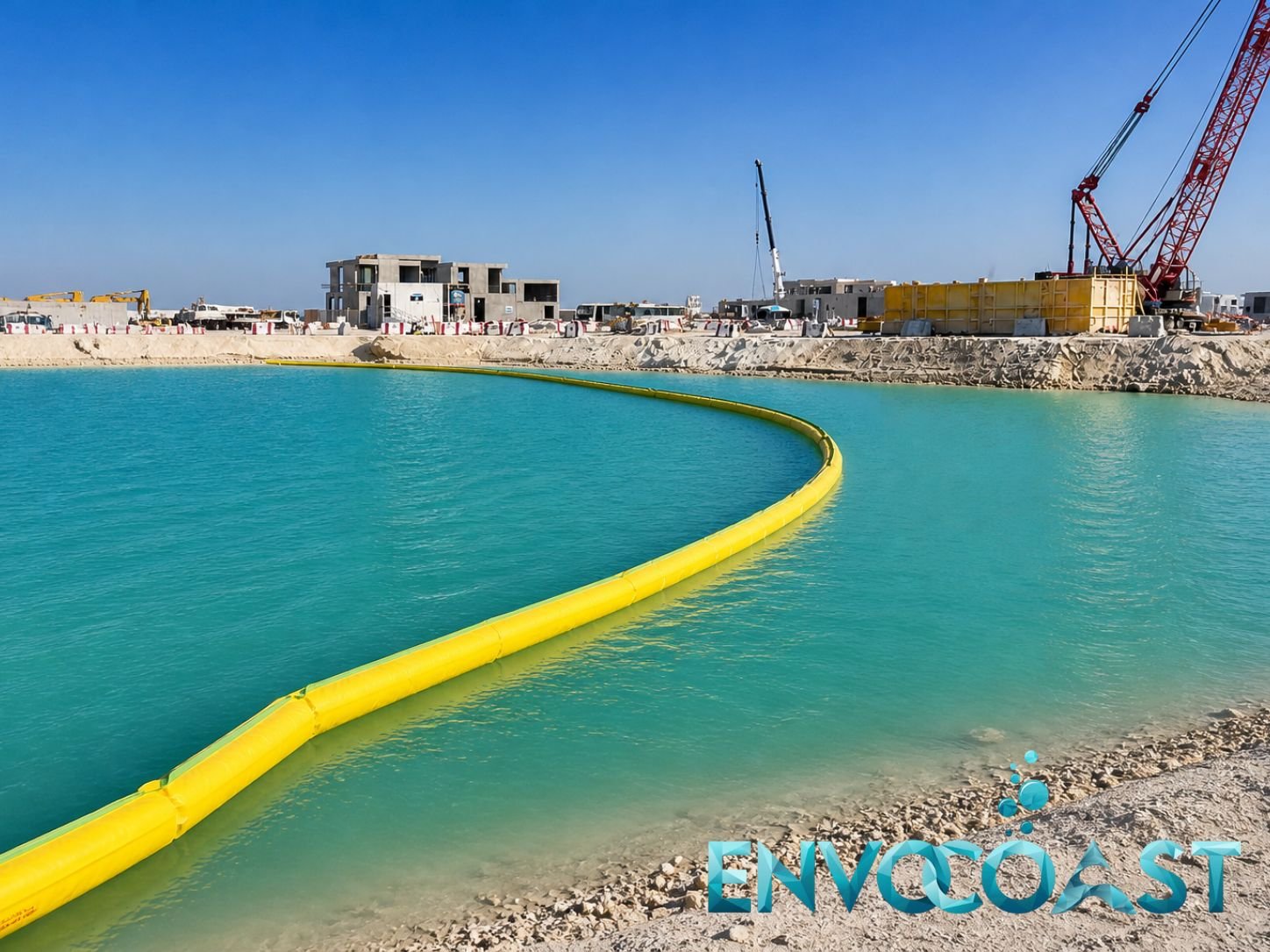 Yellow containment boom floating in calm waters, from Envocoast in KSA