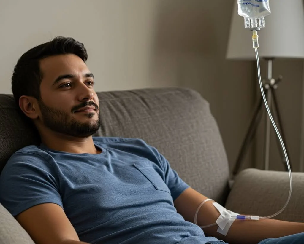 Man relaxing during an IV infusion.