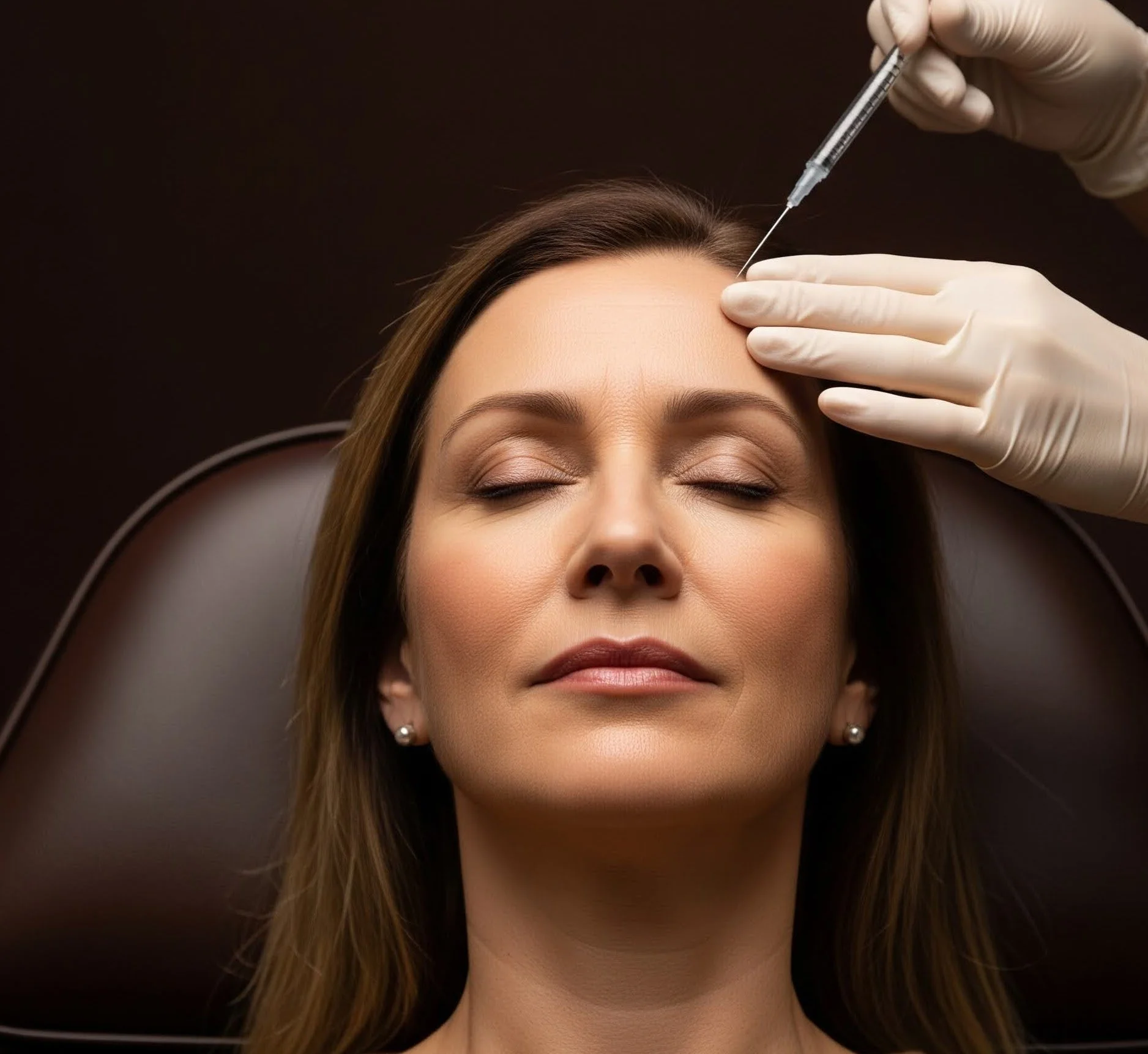 A woman receiving a cosmetic injection in her forehead during a medical procedure, lying back with her eyes closed, wearing pearl earrings.