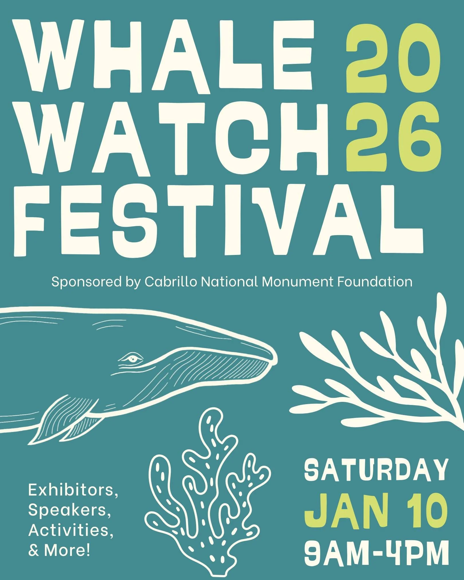 Cabrillo's annual Whale Watch Festival is returning to the park this Saturday, Jan 10, from 9am - 4pm! 🐋🫧

Celebrate the annual grey whale migration passing by the San Diego shoreline with land-based whale watching, family-friendly activities, mari