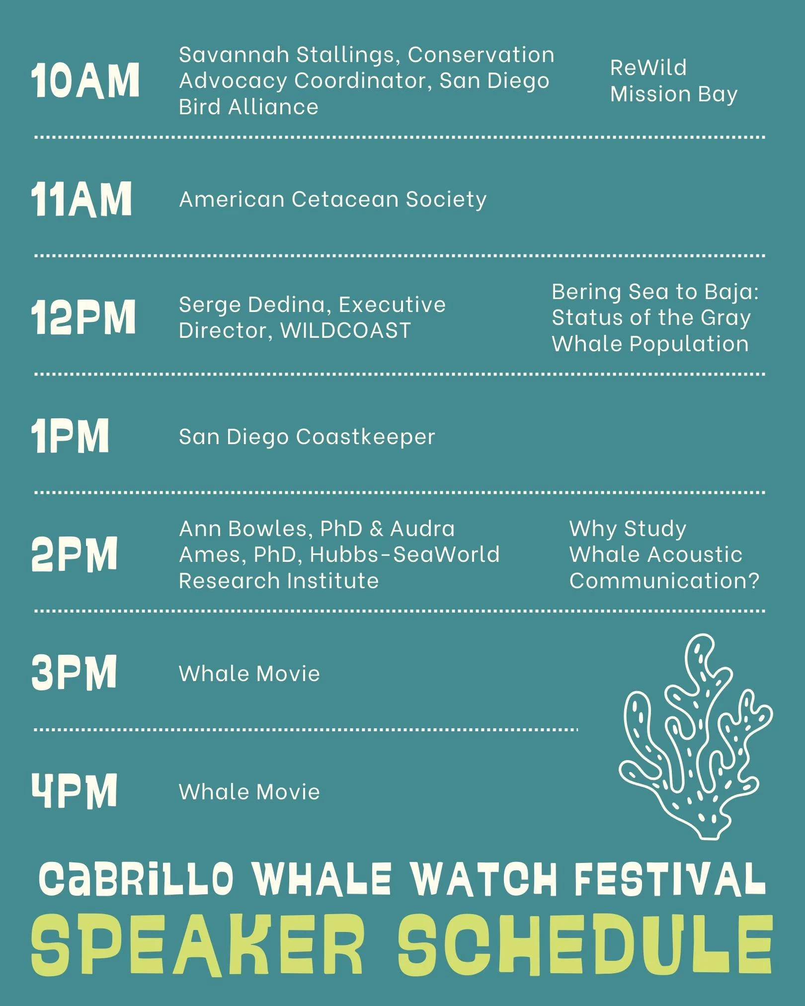 If your New Year's resolution is to attend more science talks... Cabrillo's Whale Watch Festival this Saturday, Jan 10, has you covered. 🤝

Talks will begin at the top of the hour, from 10am - 2pm.
The Cabrillo National Monument whale movie will be 