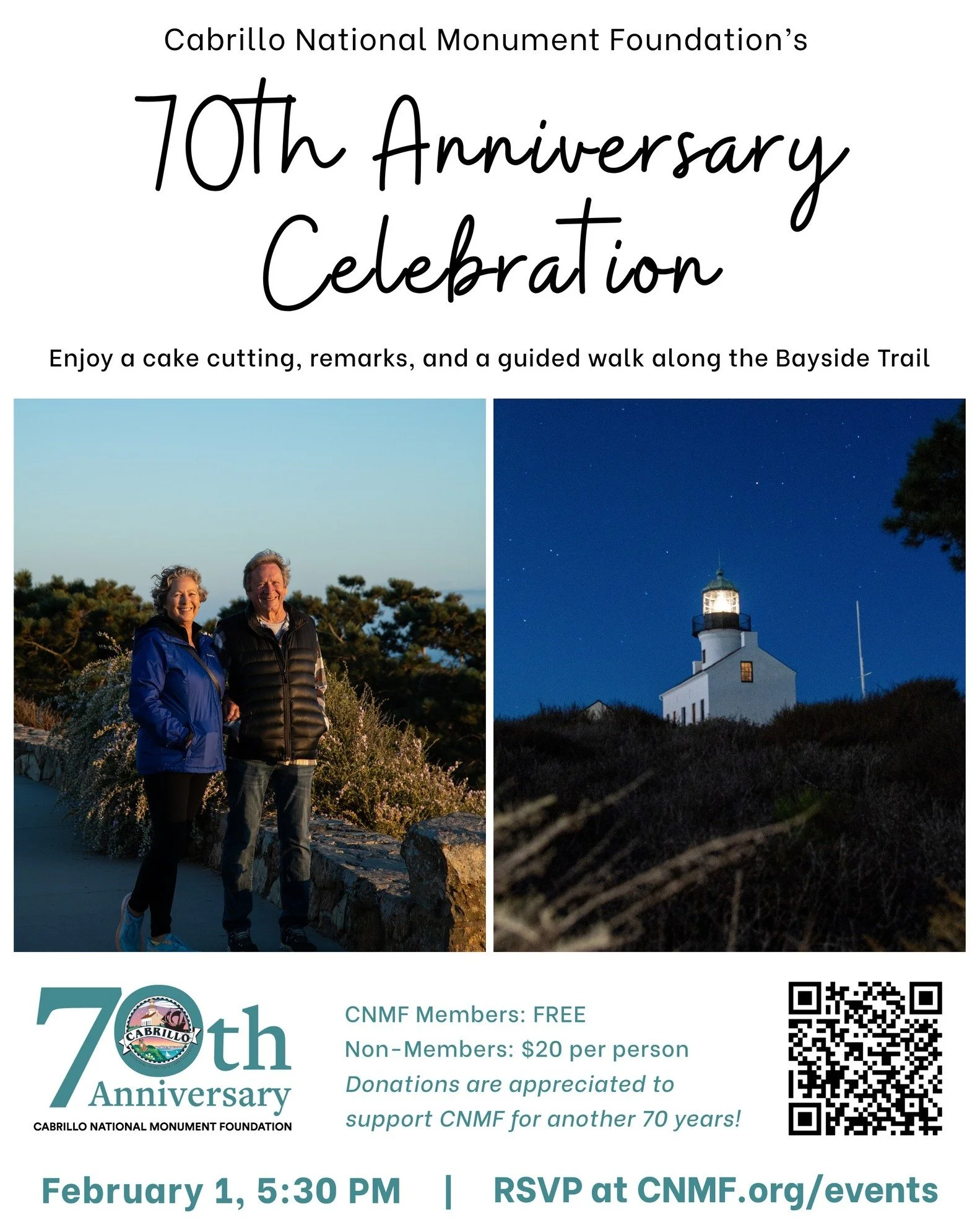 Join CNMF as we celebrate 70 years of support for Cabrillo National Monument with a guided moonlight walk along the Bayside Trail. Enjoy the illuminated Old Point Loma Lighthouse at night and a very special cake designed for the occasion! 💡✨🥾

📍 F