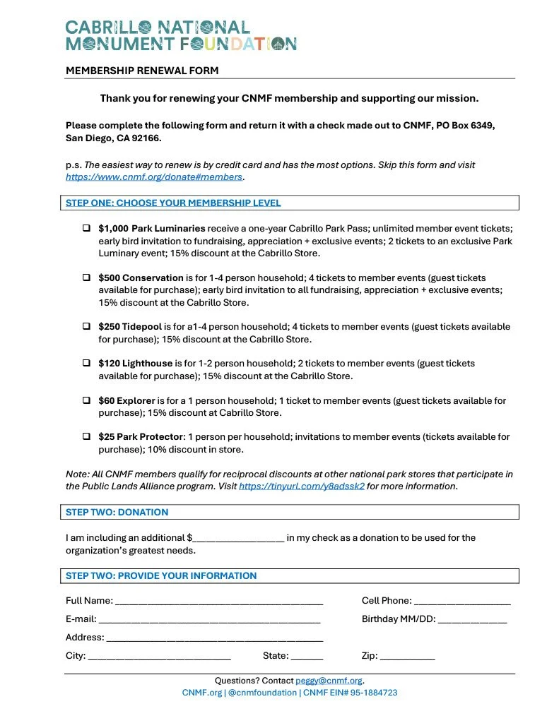 Form titled 'Cabrillo National Monument Foundation Renewal Form' with sections for membership levels, full name, address, contact details, birthday, email, verification, and payment methods, including credit card and check options.