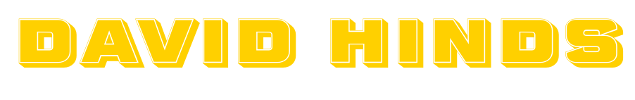 Bold yellow 3D text spelling 'DAVID HANDS' on a black background.