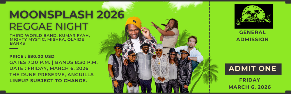 Green concert ticket for MoonSplash 2026 Reggae Night featuring various reggae artists, including third world band, Kumar Fyah, Mighty Mystic, Mishka, Olaide Banks, with event details, date, time, and venue, and a tropical-themed logo.