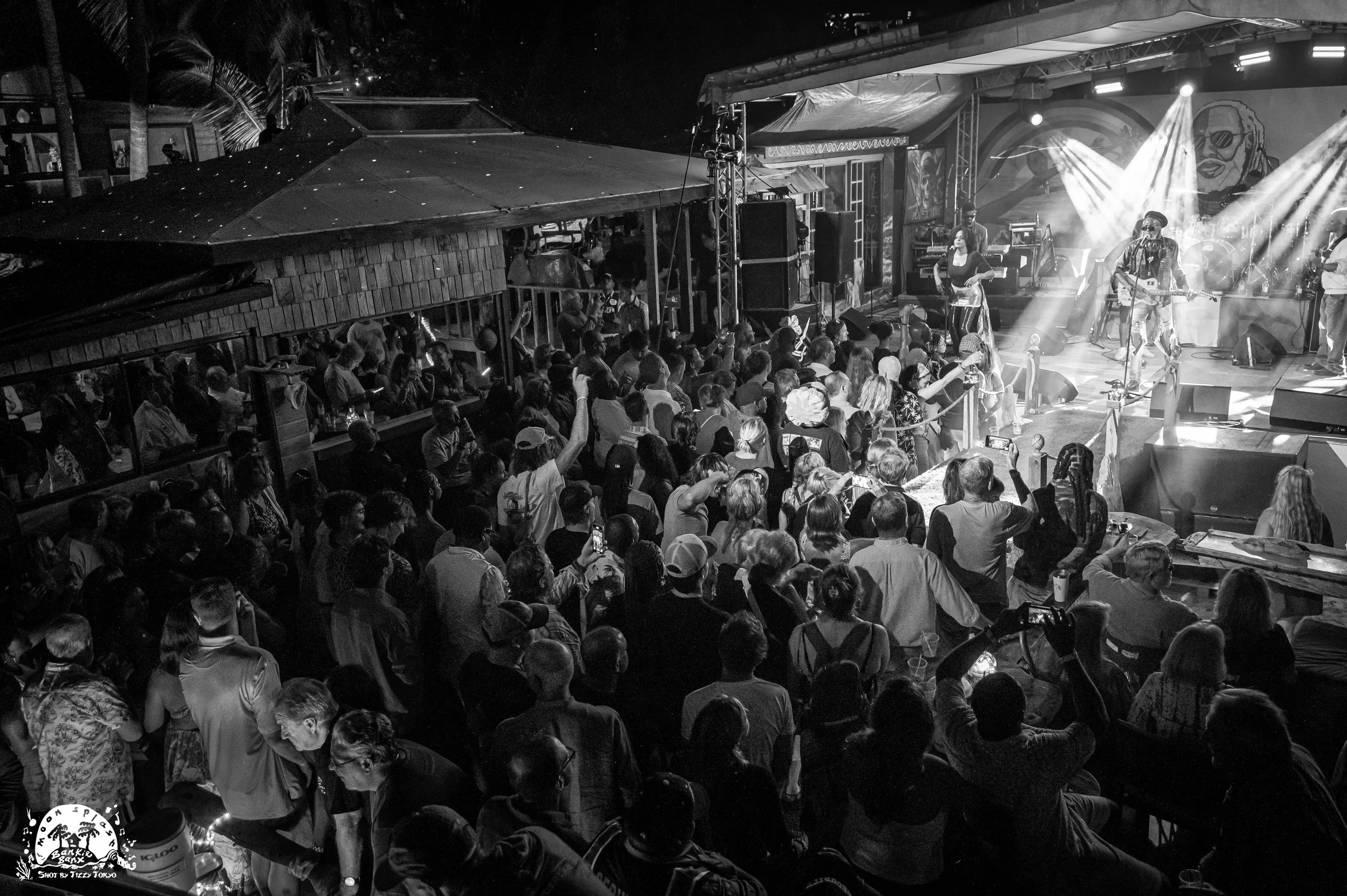 Crowd gathered at a live music concert at an outdoor venue at night, with stage lights illuminating the band performing.