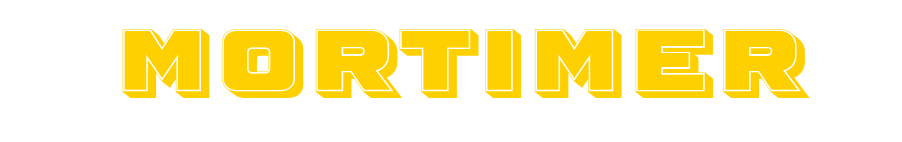 Bold yellow text reading 'MORTIMER' on a black background.