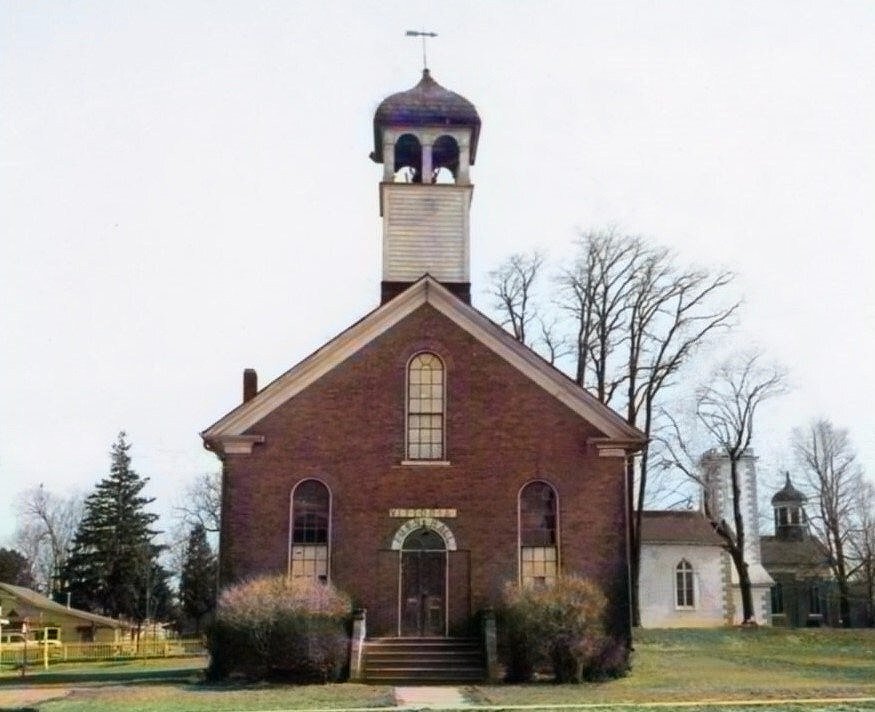 Town Hall, Christ Church, & Baptist Church photo dates to c.1960