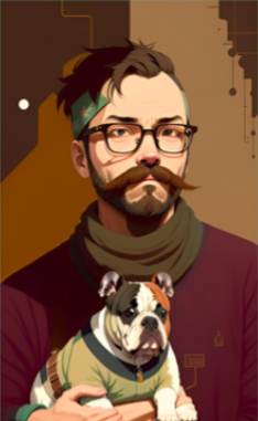 An image of FRACTAL Content Team member Nick Gage. The  man wears a serious expression and holds a bulldog.