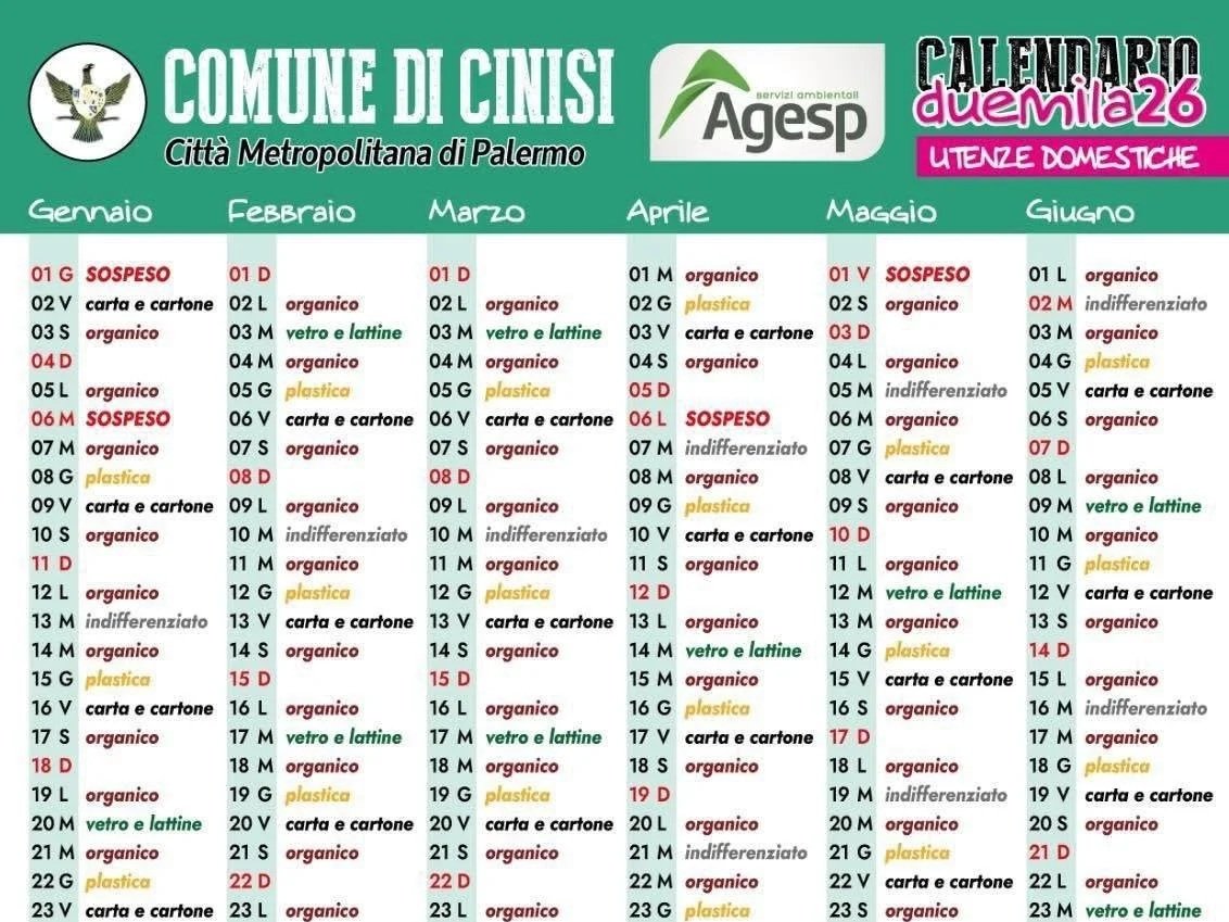 Cinisi, calendario della raccolta differenziata 2026