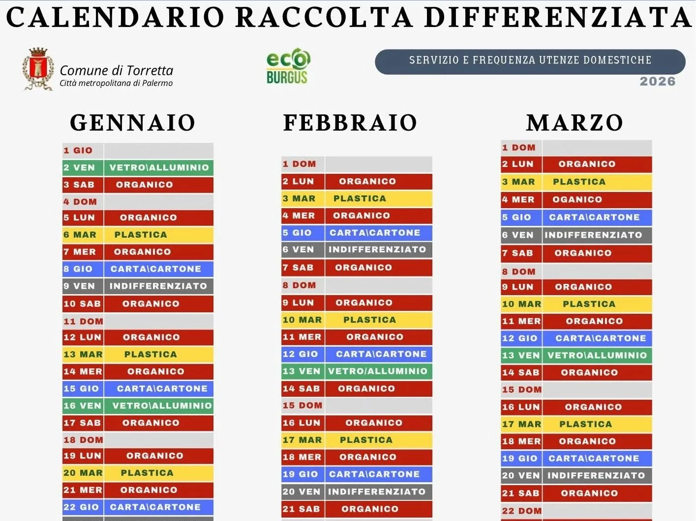 Torretta, calendario della raccolta differenziata gennaio-marzo 2026
