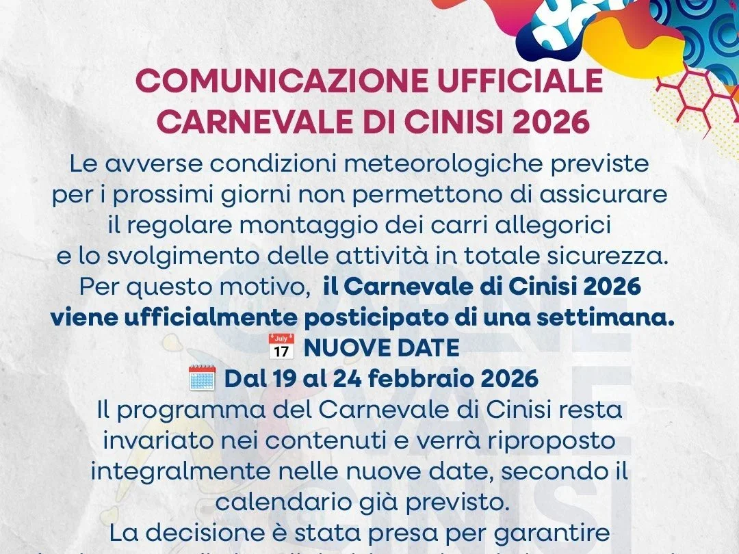 Il Carnevale di Cinisi posticipato di una settimana per il maltempo